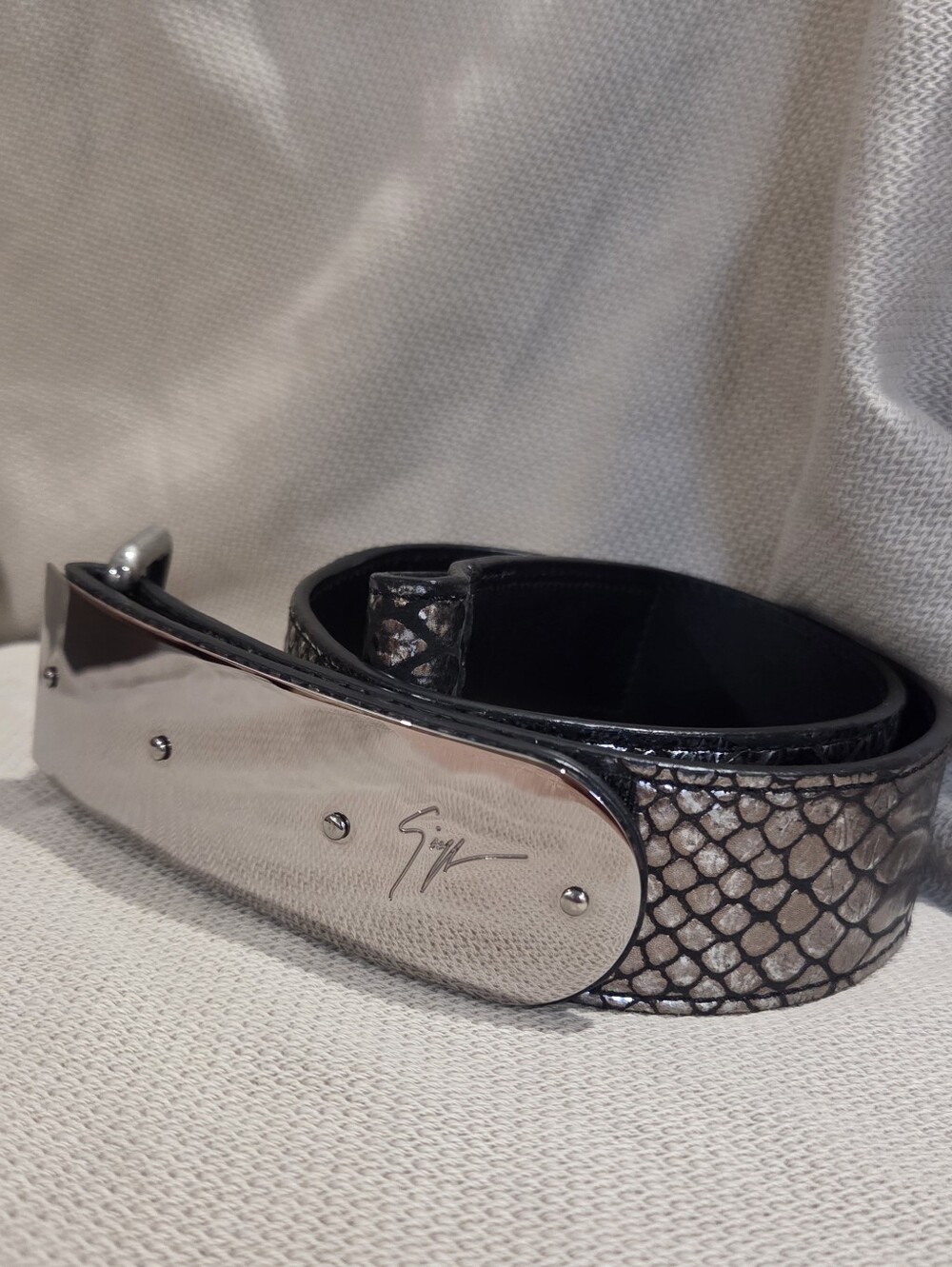 Giuseppe Zanotti Metallic Snakeskin Print Leather Belt Size 80
